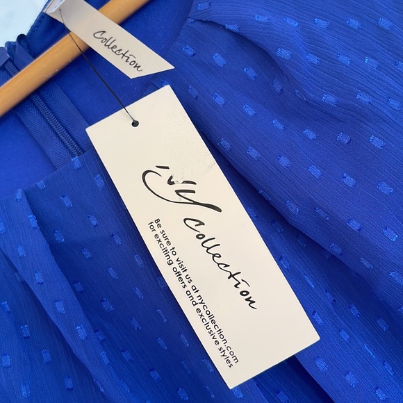 NY Collection - Blue Short Sleeve Belted Swiss Dot Dress - Medium - Picture 13 of 14